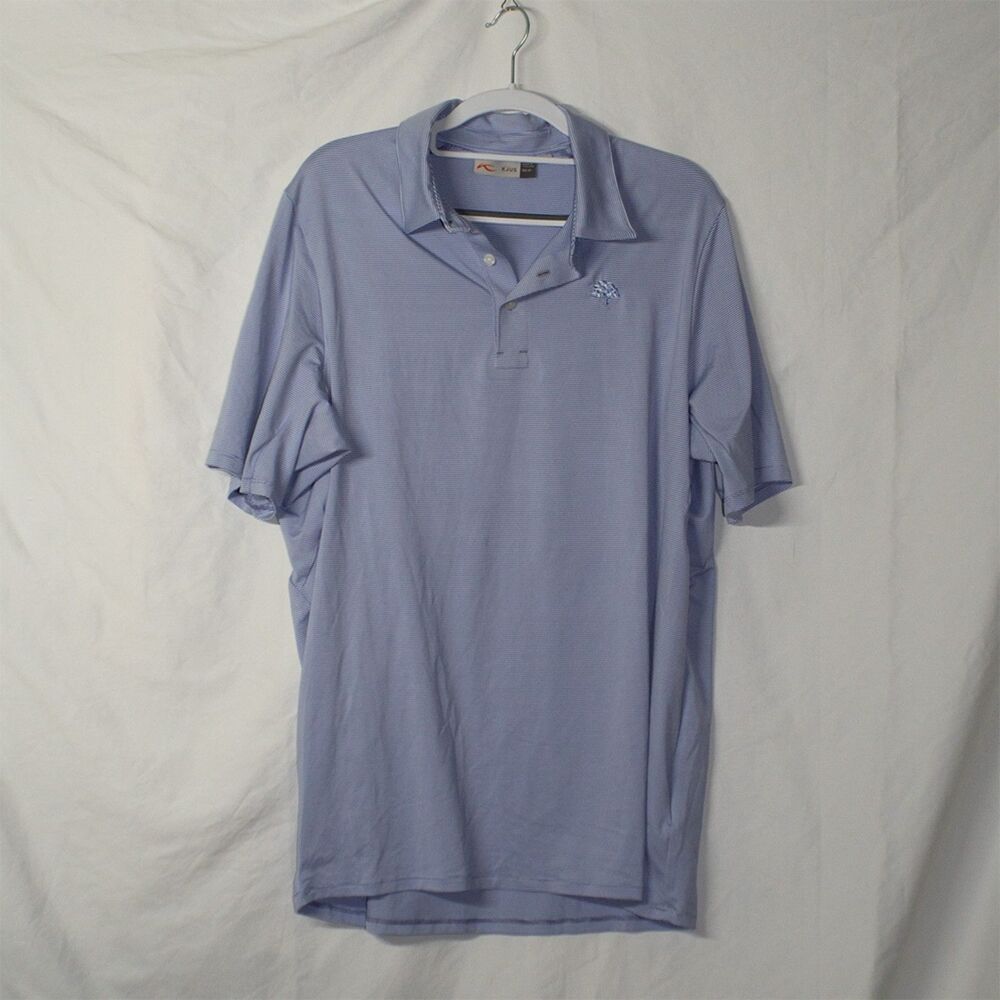 KJUS Soren Blue Stripped Polo Strechy Golf Shirt Size Medium 50 Embroidered Logo